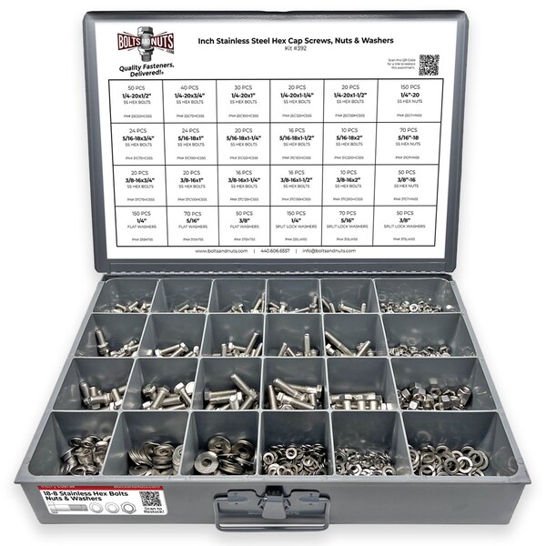 Boltsandnuts.Com Inch Stainless Steel Hex Cap Screws, Nuts & Washers - 1147 PCS Assortment Kit #392 - main